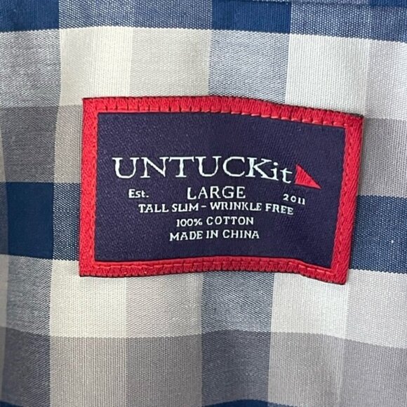 Untuckit plaid check cotton wrinkle free blue grey large tall slim button down - Picture 5 of 8